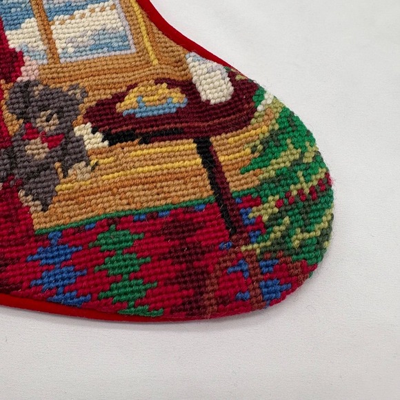 VTG Hand Made Needlepoint Christmas Stocking Child Waiting for Santa Reindeer - Picture 5 of 8